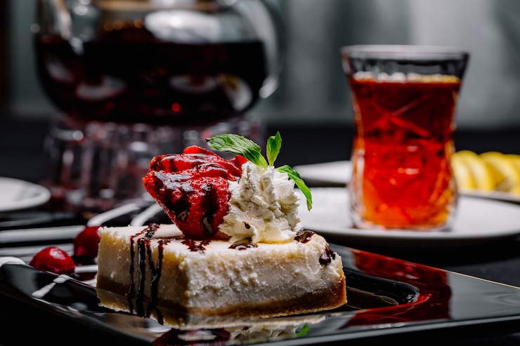 side-view-cheesecake-with-chocolate-syrup-strawberry-mint-whipped-cream-cherry-black-tea_141793-3609