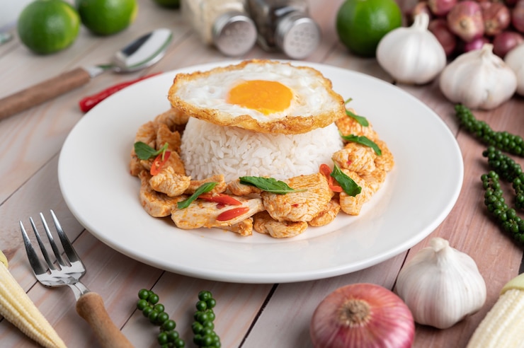 stir-fried-chili-paste-chicken-with-rice-fried-eggs-white-plate-wooden-table_1150-28445